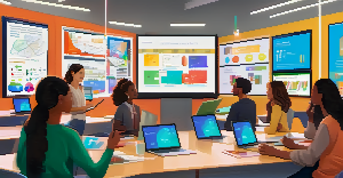 A vibrant virtual classroom with students engaging in discussions, colorful screens, and a whiteboard filled with notes.