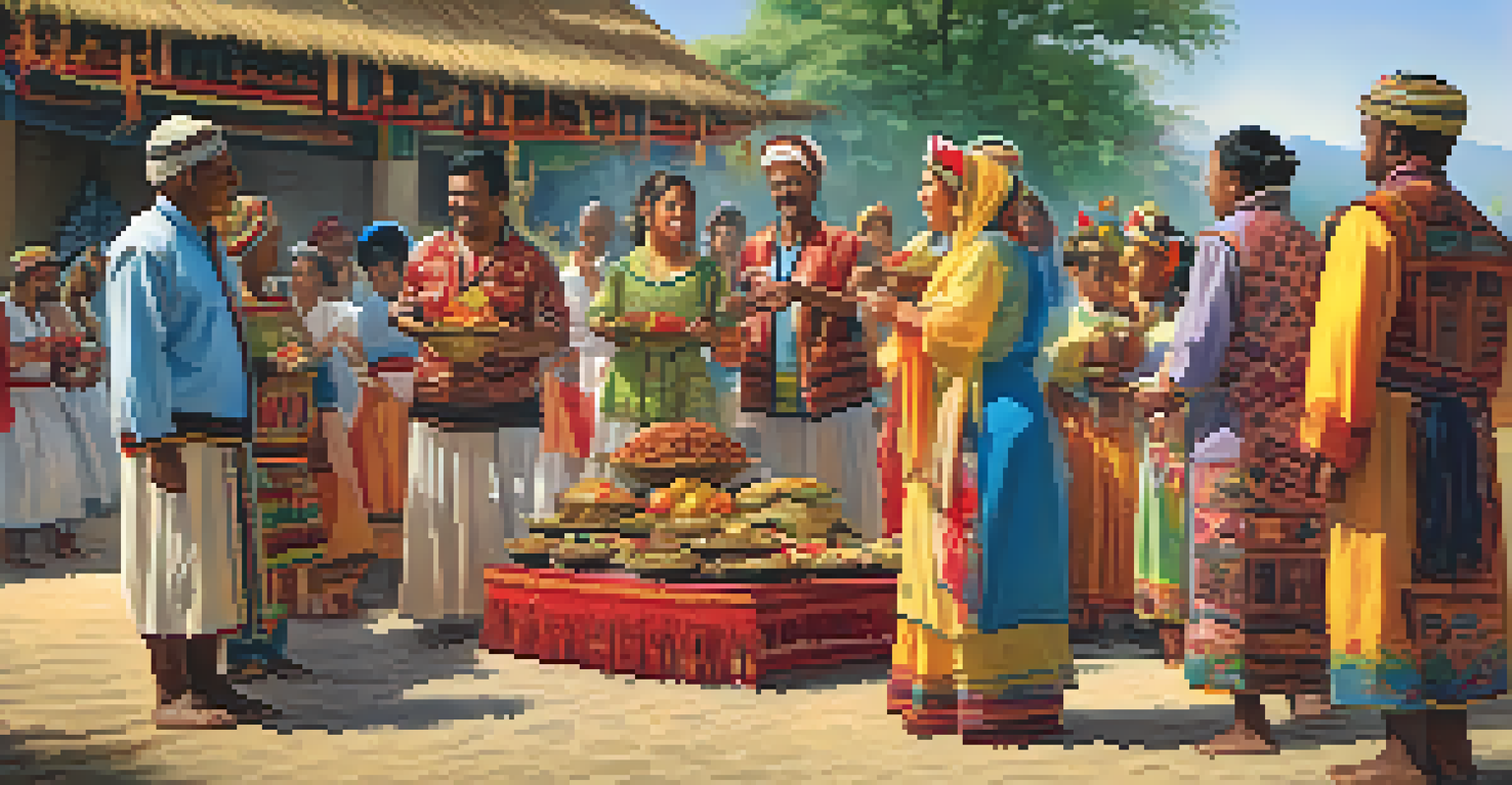 A lively outdoor cultural celebration featuring people from different ethnic backgrounds sharing food and performances in a festive atmosphere.