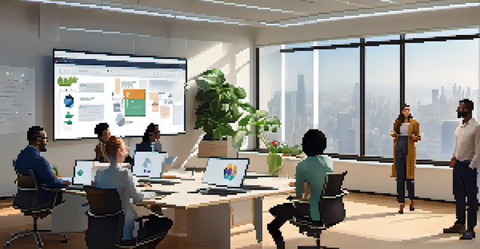 A diverse group of professionals participating in a video conference, with a bright modern office setting and a whiteboard in the background.
