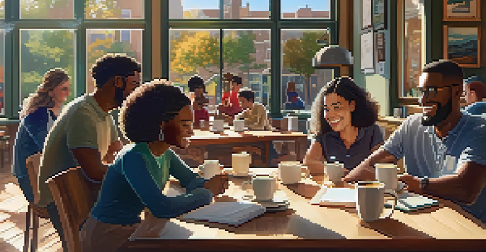 A cozy coffee shop filled with diverse educators excitedly sharing ideas and collaborating over coffee.