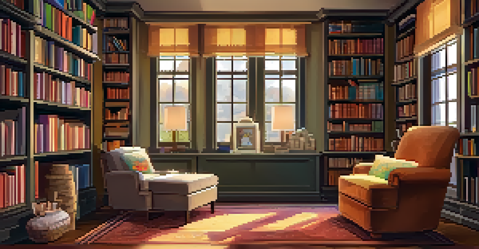 A cozy reading nook with an armchair, a table, and bookshelves filled with colorful books under warm lighting.