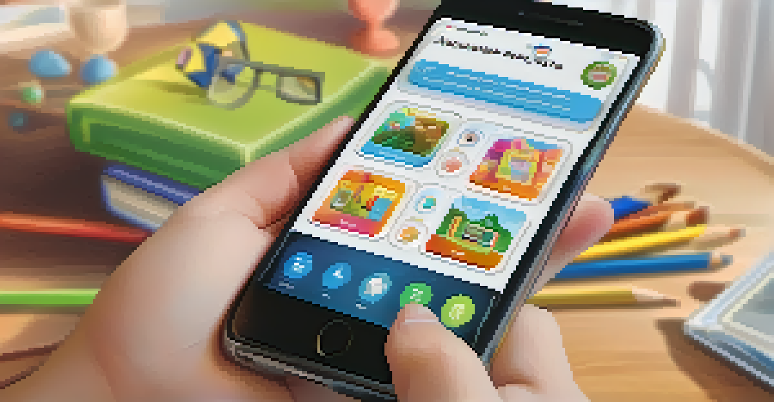 A child's hand interacting with an educational app on a smartphone, with a cozy living room filled with books and learning tools in the background.