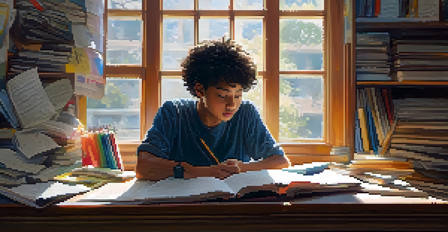 A student at a desk reflecting on learning styles, surrounded by books and a notebook with doodles representing different methods of learning.