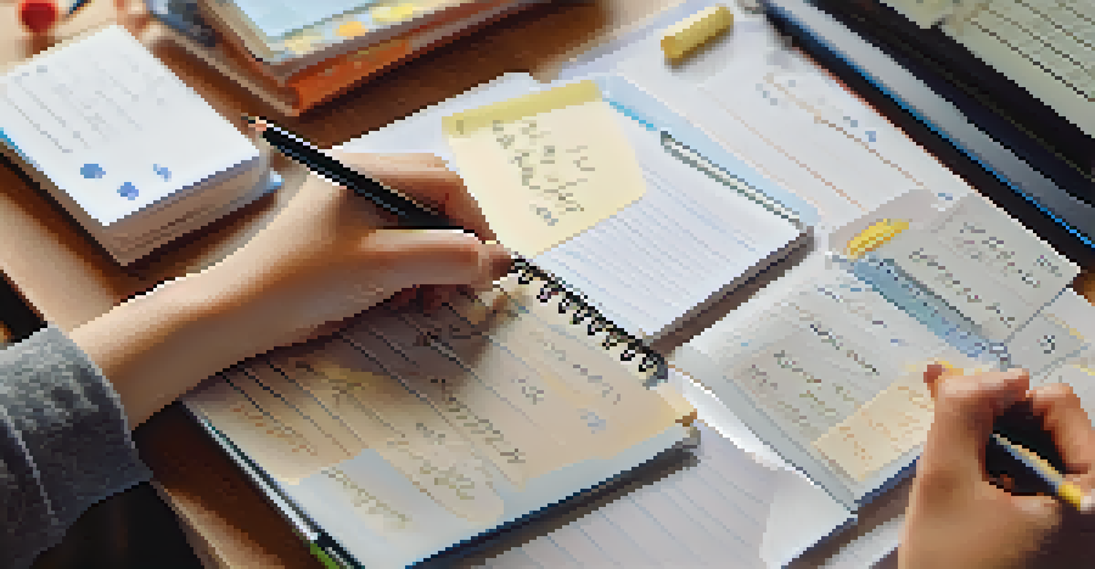A close-up of a student's hands taking notes with language learning materials scattered around, illustrating the process of self-assessment and reflection in language learning.