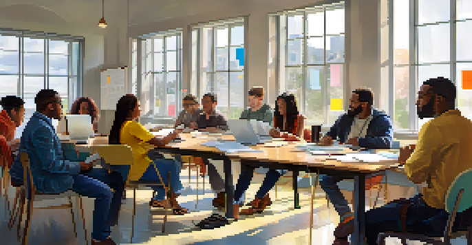 A diverse group of individuals participating in a financial literacy workshop at a well-lit table filled with charts and laptops.