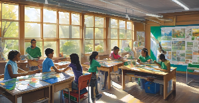 A classroom filled with students of various backgrounds participating in a sustainability workshop, surrounded by colorful educational posters and working on art projects made from recycled materials.