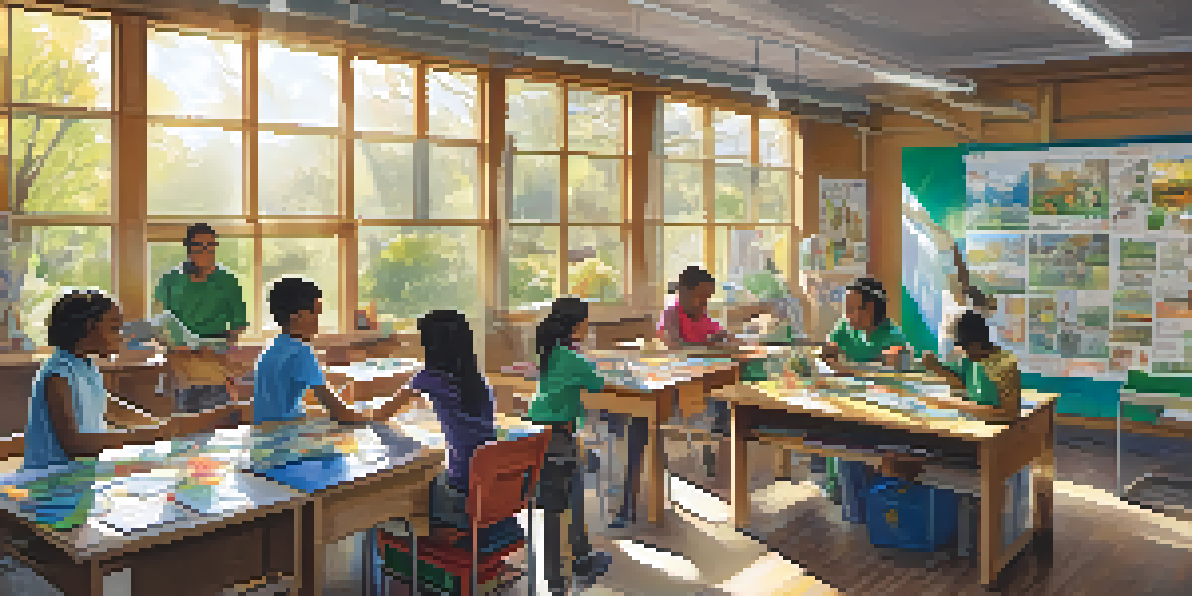 A classroom filled with students of various backgrounds participating in a sustainability workshop, surrounded by colorful educational posters and working on art projects made from recycled materials.