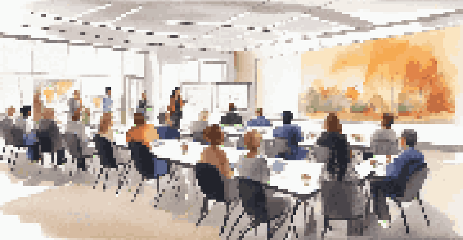 A group of teachers attending a professional development workshop in a bright conference room, interacting and taking notes.