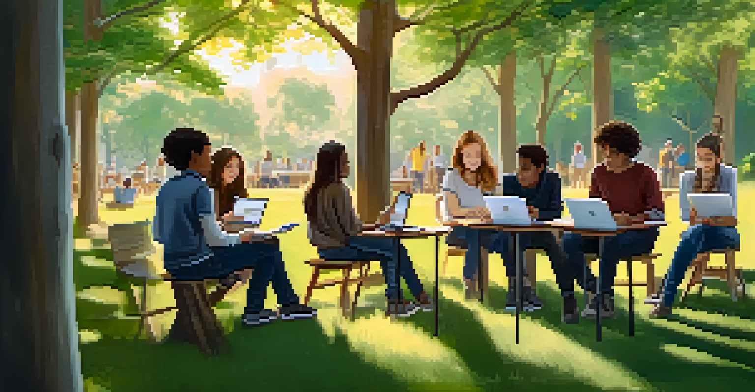 Diverse students collaborating outdoors with tablets and laptops in a sunny, green environment.