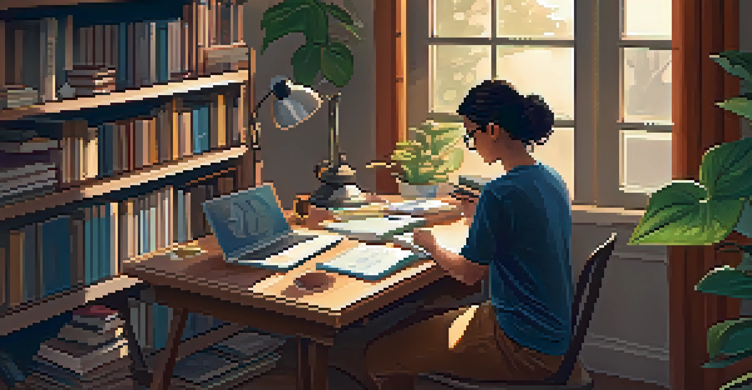 A student studying at home with books and a laptop in a cozy environment, emphasizing online learning.