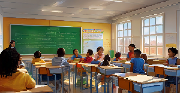 A classroom scene showing a teacher helping diverse students with a math project, illuminated by natural light.
