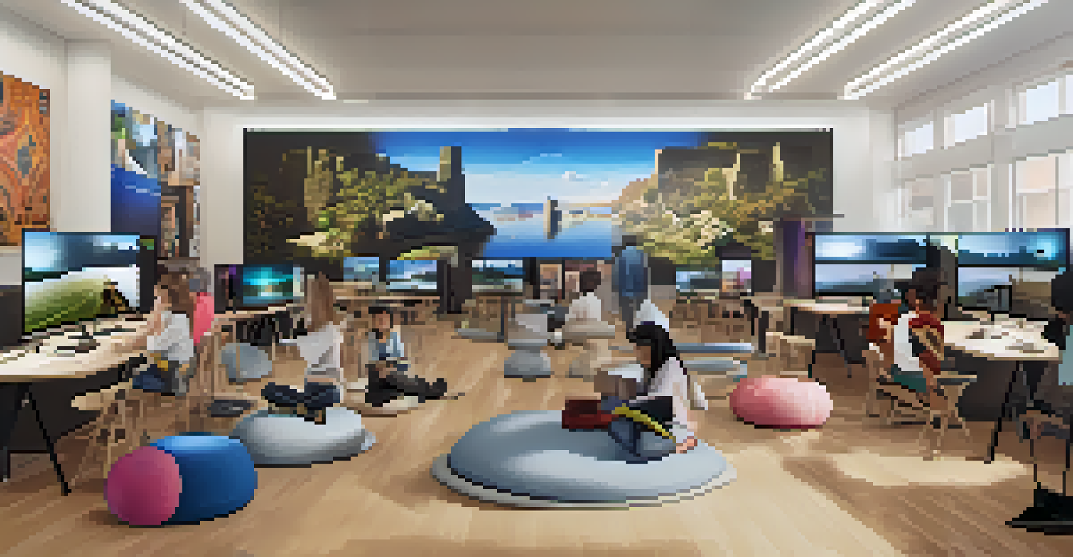 Students wearing virtual reality headsets, exploring different cultures in a modern classroom filled with screens and soft lighting.
