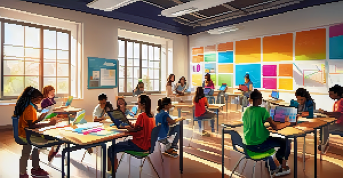 A modern classroom where diverse students collaborate on mobile devices, surrounded by sunlight and colorful educational materials.
