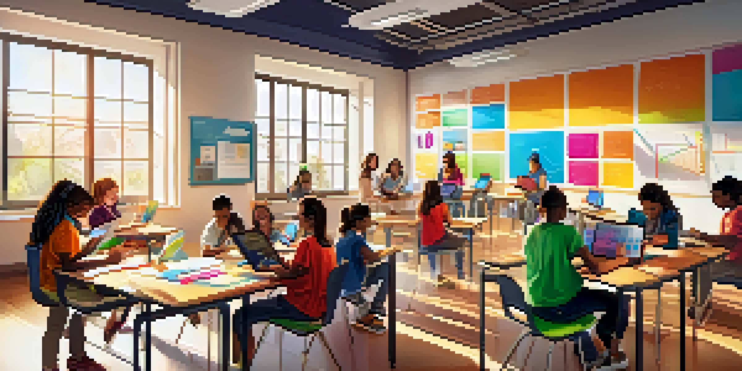 A modern classroom where diverse students collaborate on mobile devices, surrounded by sunlight and colorful educational materials.