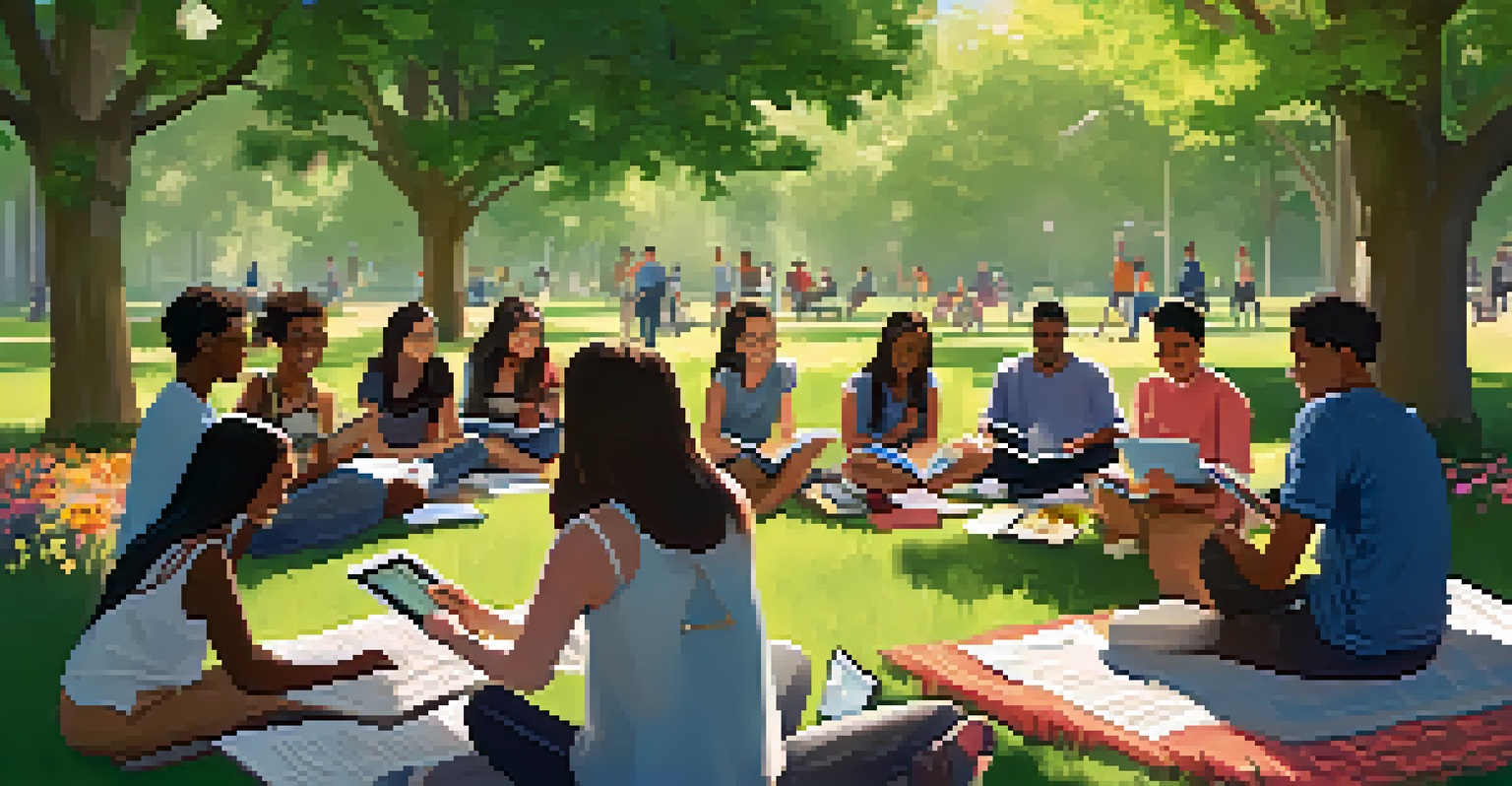 Students of diverse backgrounds collaborating outdoors on a project with tablets and notebooks in a sunny park surrounded by greenery.