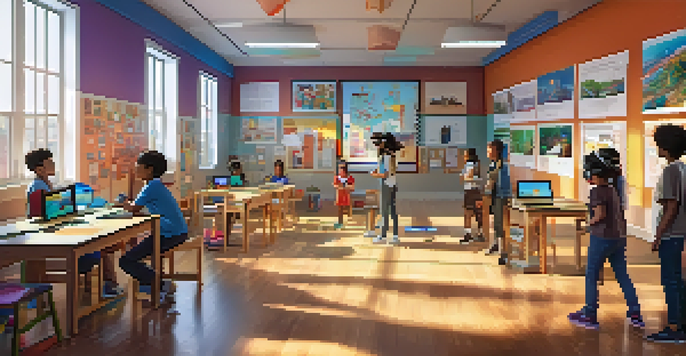 A lively classroom where students experience virtual reality learning, with bright sunlight and colorful educational materials.