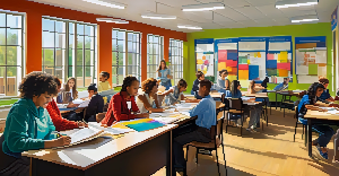 A diverse group of adult learners collaborating on a project in a well-lit classroom, with a facilitator guiding them and colorful educational posters on the walls.