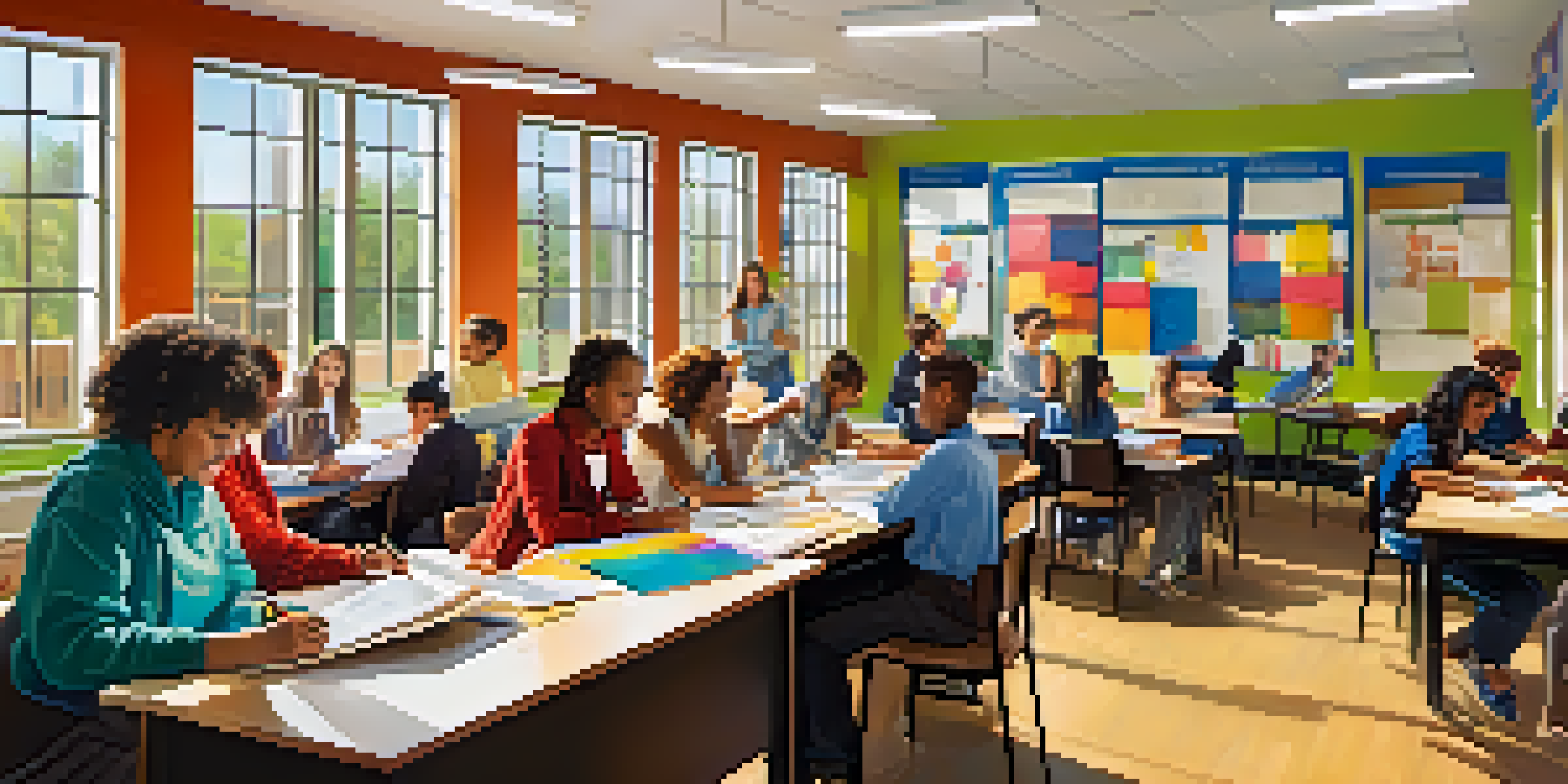 A diverse group of adult learners collaborating on a project in a well-lit classroom, with a facilitator guiding them and colorful educational posters on the walls.