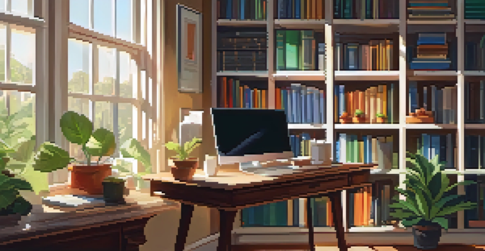 A warm and inviting home office with a wooden desk, laptop, coffee cup, and bookshelves filled with books, illuminated by afternoon sunlight.