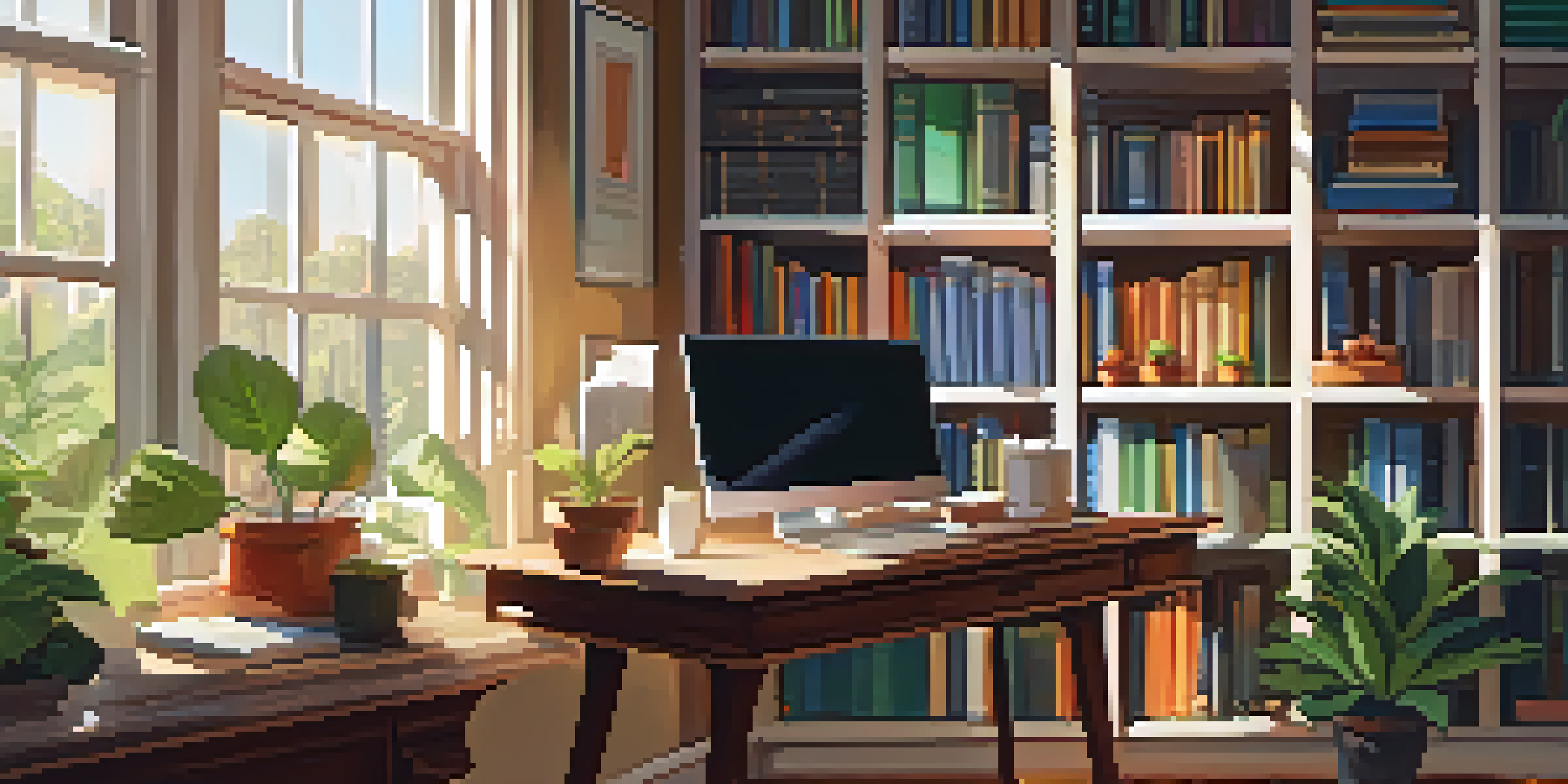 A warm and inviting home office with a wooden desk, laptop, coffee cup, and bookshelves filled with books, illuminated by afternoon sunlight.