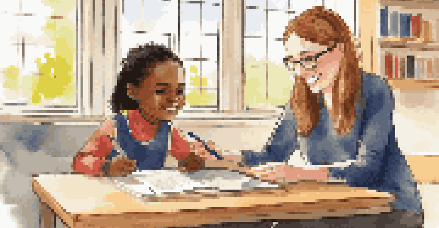 An educator and a student interacting with a tablet, in a bright classroom filled with educational resources, showcasing a supportive learning environment.