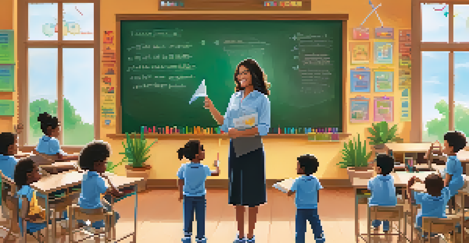 A classroom scene with a chalkboard showing reinforcement strategies, where a teacher interacts with students using a reward system.