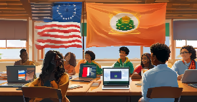 A diverse group of students participating in an online learning session, smiling and interacting through video conferencing with cultural artifacts in the background.