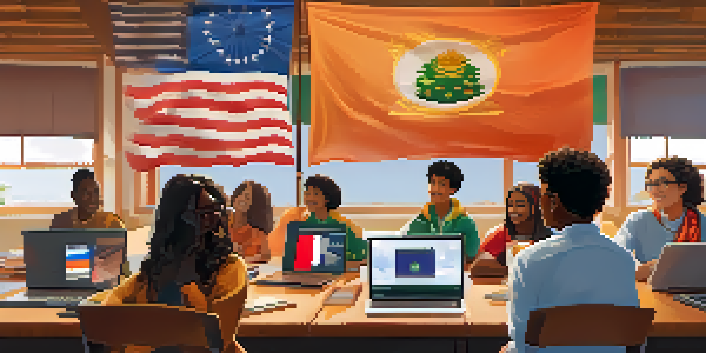 A diverse group of students participating in an online learning session, smiling and interacting through video conferencing with cultural artifacts in the background.