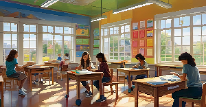 A diverse group of students collaborating in a bright classroom with educational materials and artwork on the walls.