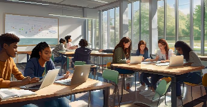A group of diverse students working together at a table with laptops in a well-lit room.