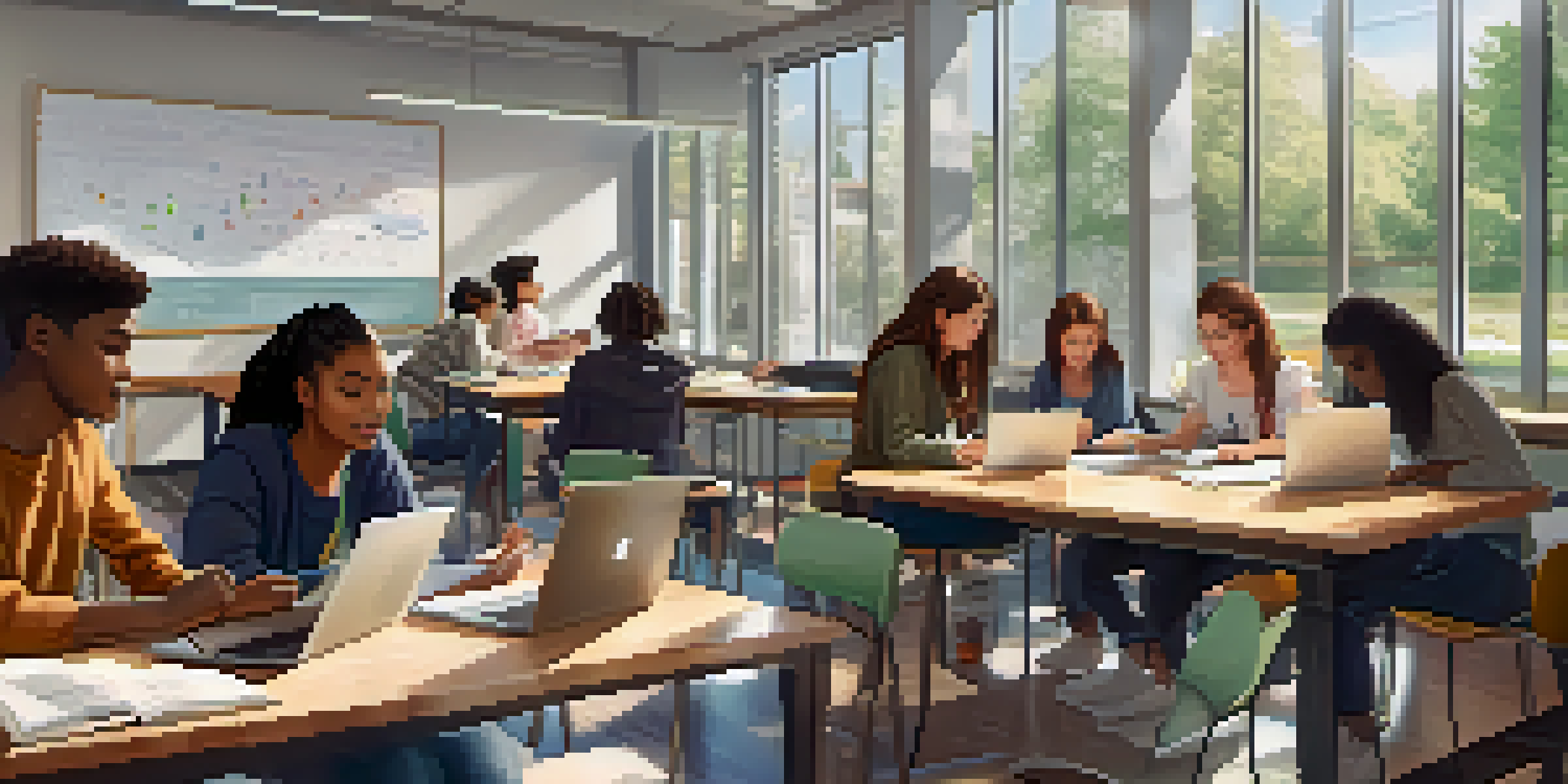 A group of diverse students working together at a table with laptops in a well-lit room.