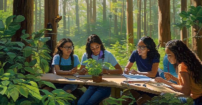 A diverse group of students actively exploring a local habitat, observing wildlife with magnifying glasses surrounded by colorful plants and sunlight.