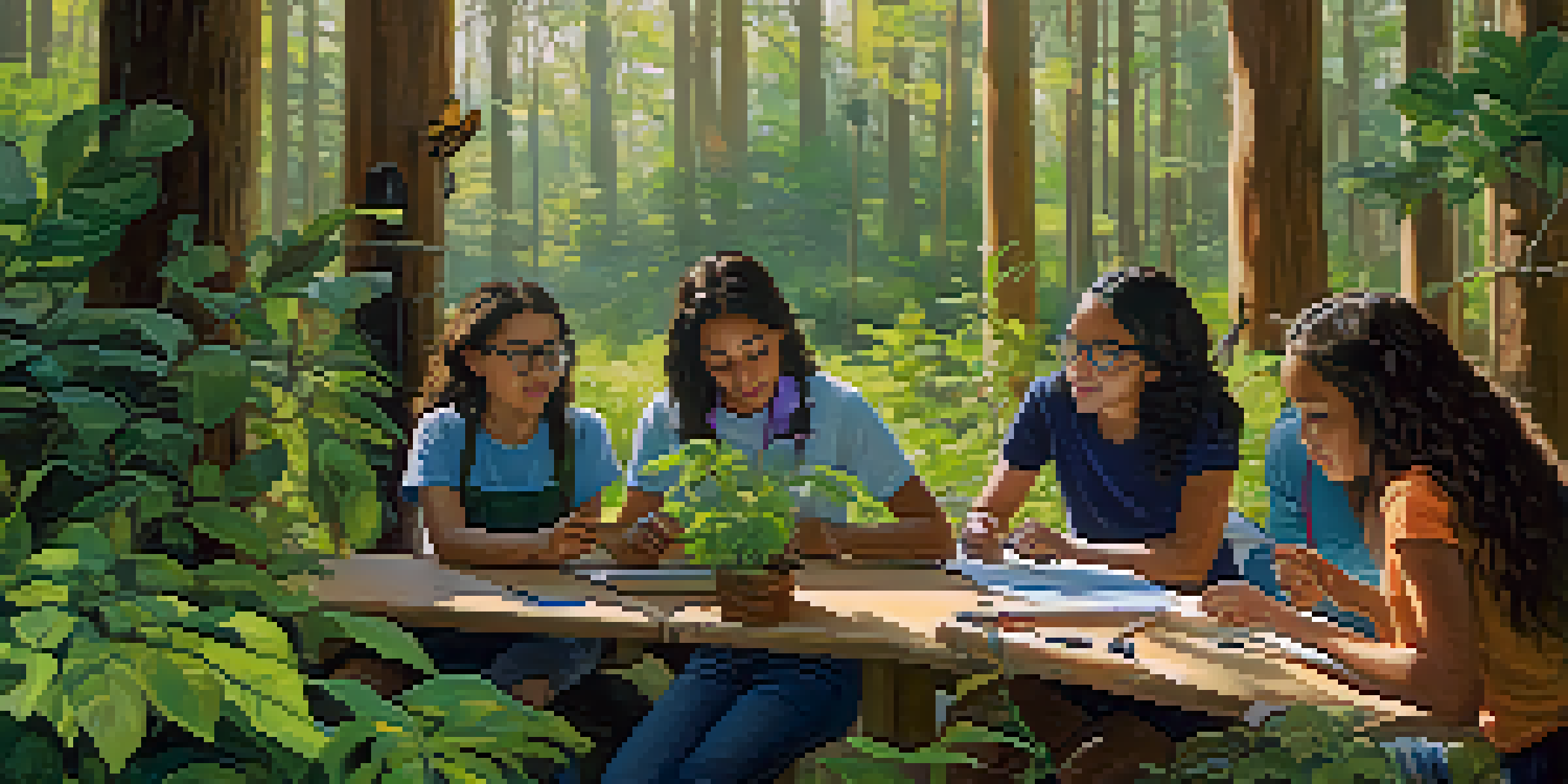 A diverse group of students actively exploring a local habitat, observing wildlife with magnifying glasses surrounded by colorful plants and sunlight.