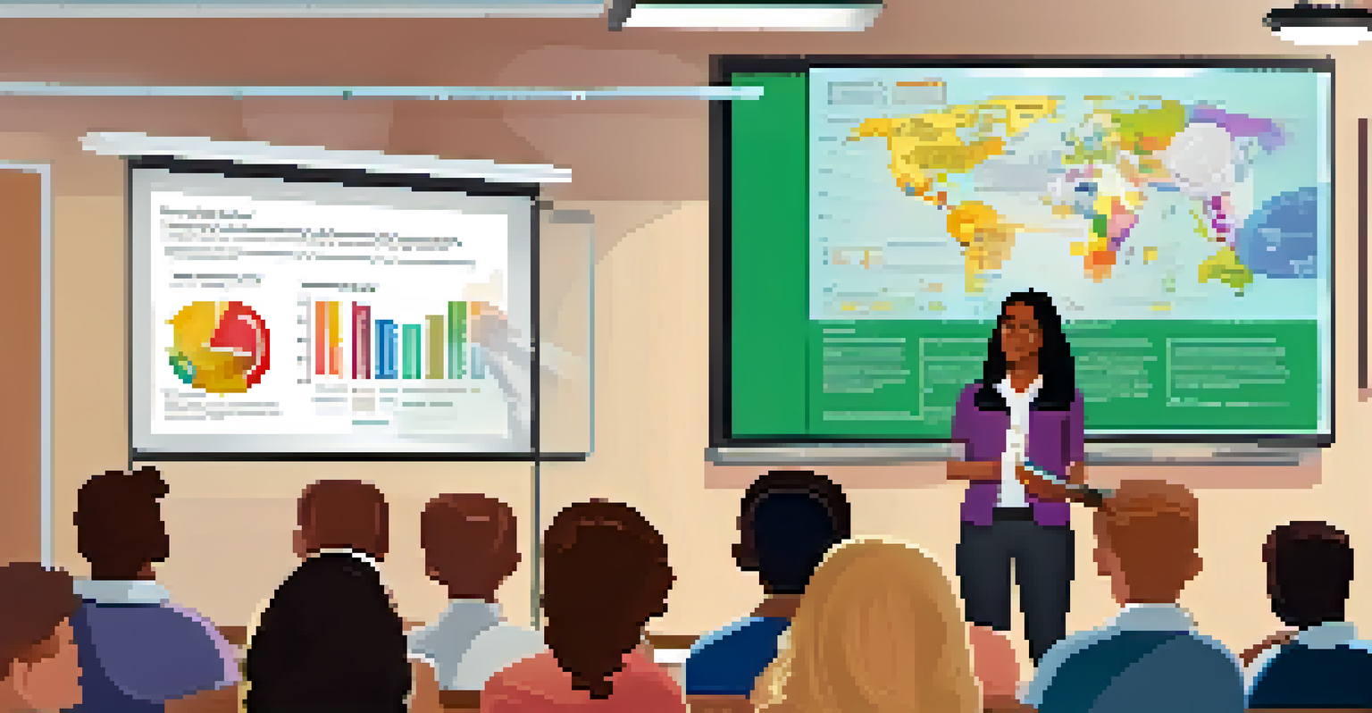 An educator presenting a colorful infographic on a digital screen, with students in the classroom watching intently.