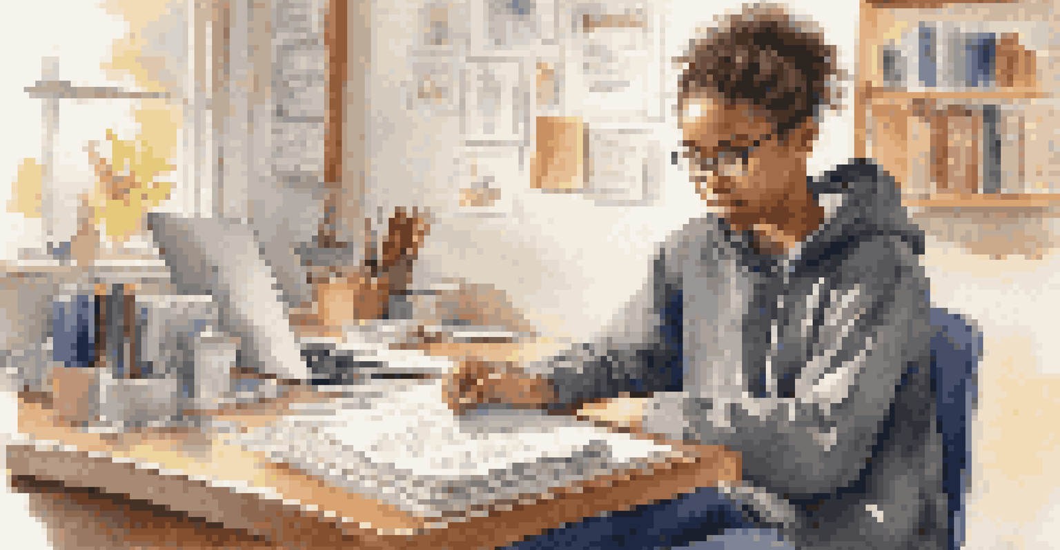 A focused student studying at a desk with books and a laptop in a warmly lit room, showcasing a supportive learning atmosphere.
