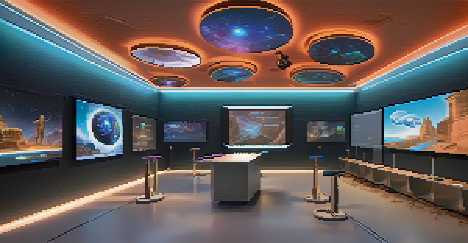 A modern classroom with students using virtual reality headsets to explore ancient civilizations, displaying excitement and collaboration under bright, dynamic lighting.