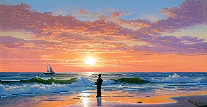 A sailor in a small boat holding a compass on a tranquil ocean at sunset, symbolizing guidance in a sea of information.