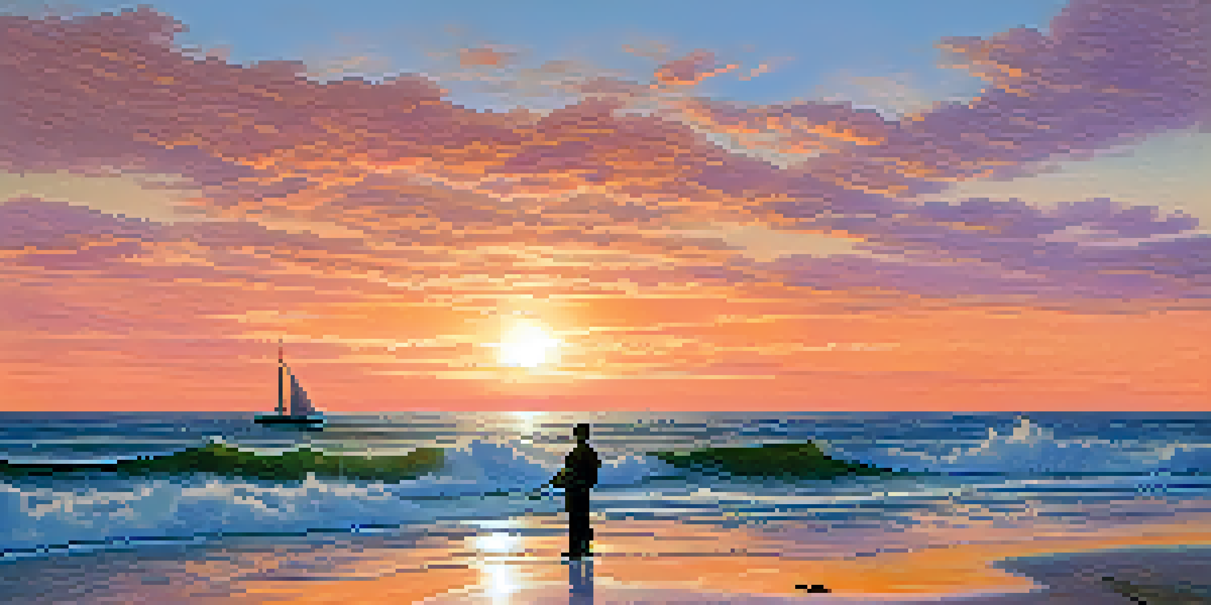 A sailor in a small boat holding a compass on a tranquil ocean at sunset, symbolizing guidance in a sea of information.