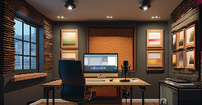A warm and inviting podcasting studio with a microphone, soundproofing panels, and colorful artwork.
