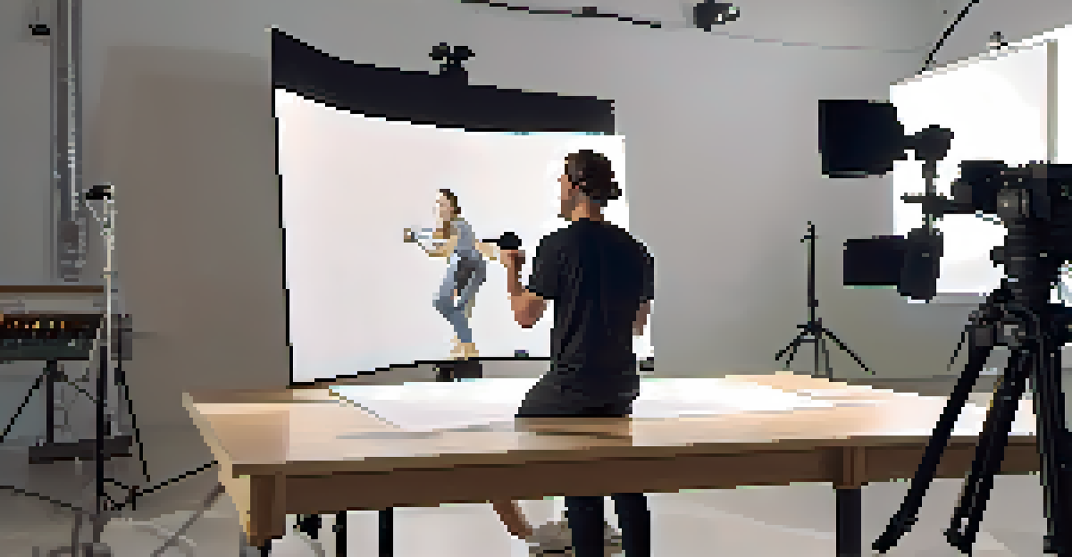 An instructor recording a video lesson in a professional studio setting with a large screen behind them.