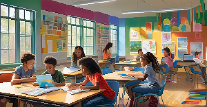 A classroom filled with students engaged in personalized learning activities, featuring diverse backgrounds and various educational tools.