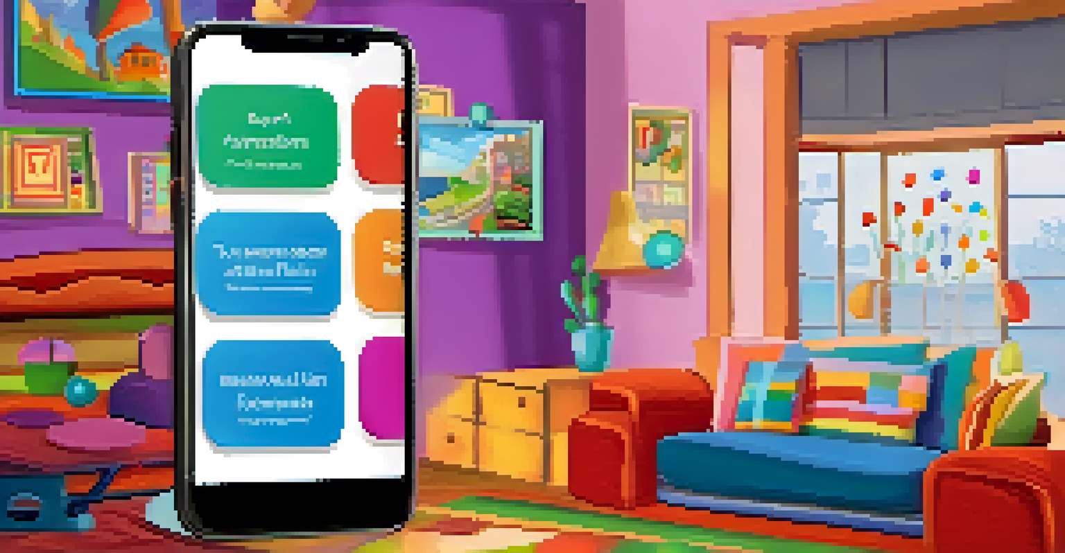 A smartphone showing an interactive quiz application with colorful graphics, set against a cozy home background.
