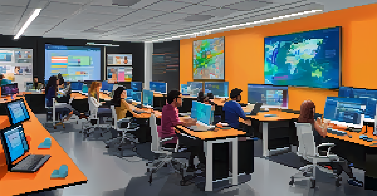 Students collaborating in a high-tech workspace with laptops and virtual reality headsets, surrounded by interactive displays.