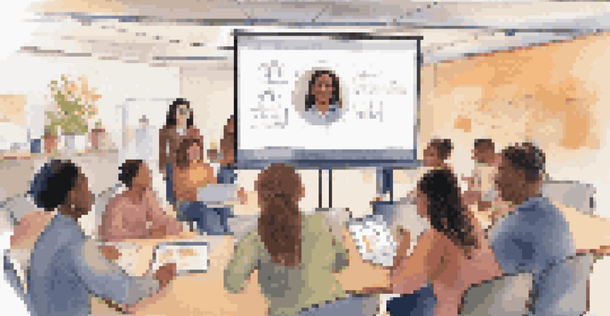 A diverse group of students participating in an online class through video conference, with a digital whiteboard in the background.