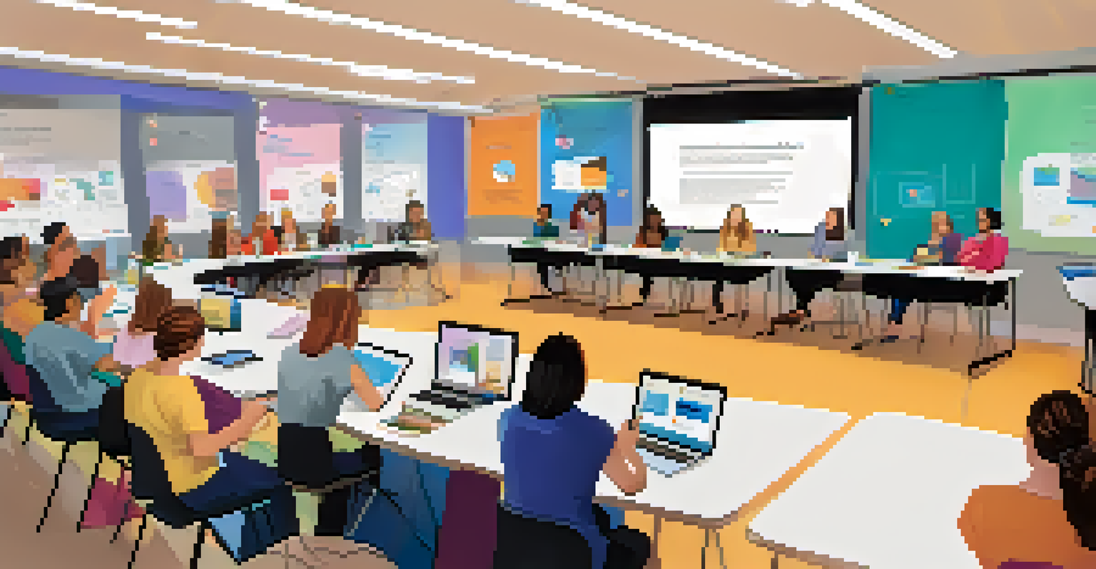 A workshop scene with a facilitator presenting to teachers and parents about data privacy and inclusivity in AI.