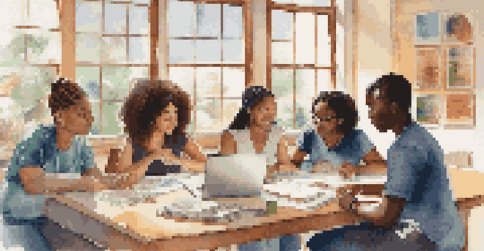 A diverse group of students engaged in collaborative learning around a table with laptops and books.