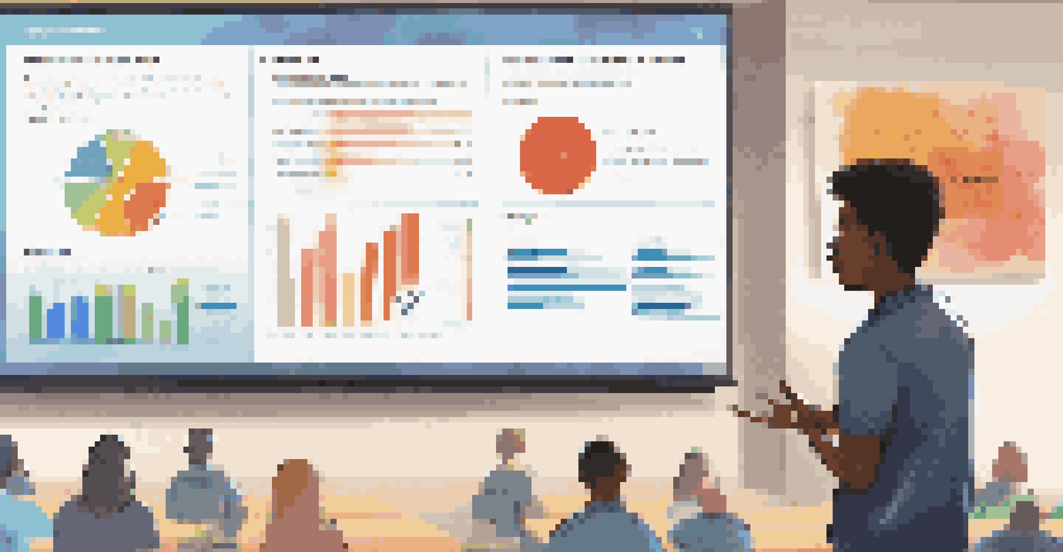 A student presenting a project using a digital screen, with colorful infographics, while classmates listen attentively.
