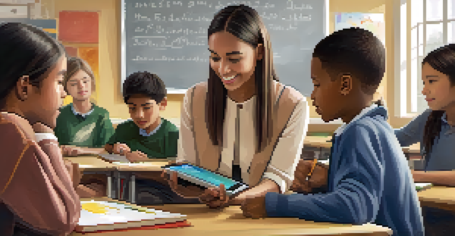 A teacher showing a mobile app on a tablet to a diverse group of engaged students in a bright classroom.