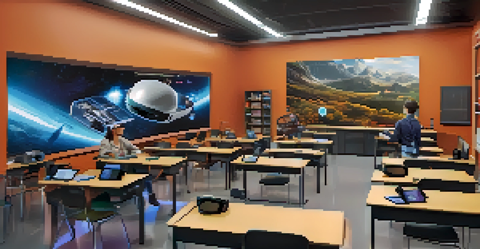 Students in a classroom wearing VR headsets, exploring a 3D environment, with advanced technology and bright lighting.