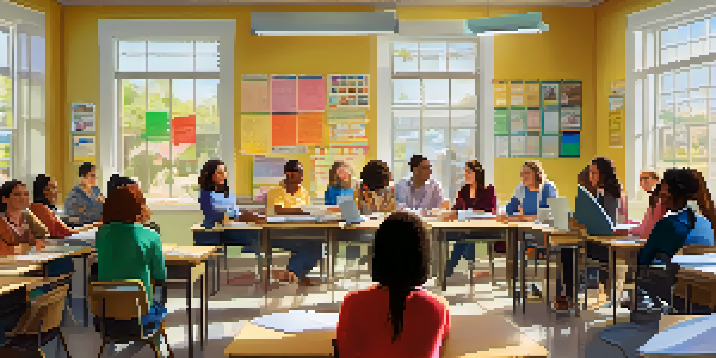 A bright classroom filled with diverse teachers engaged in discussions at a round table, surrounded by educational posters and notes.